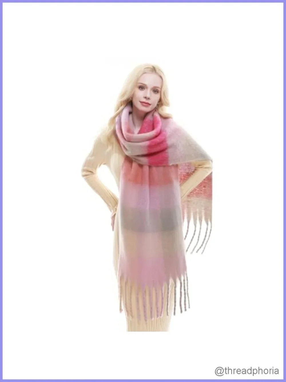 Chunky Plaid Winter Scarf Oversized Blanket Scarf with Fringes Soft Warm